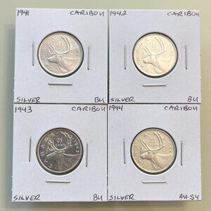 Canada 1941, 1942, 1943 & 1944 Silver 25 Cent Quarters! 4 Coins Total